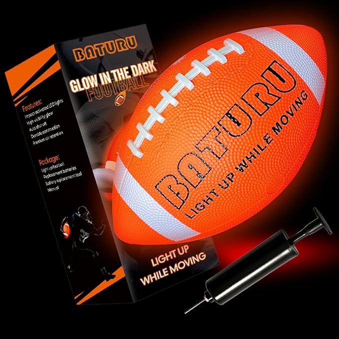 Glow in The Dark Football, Light Up Football, Junior NO 6 - Birthday Easter Stuffers Gifts for Boys Kids Teen Youth 8 9 10 11 12 Year Old, Catch Games in Backyard Camping Beach Outdoor (Orange+White)