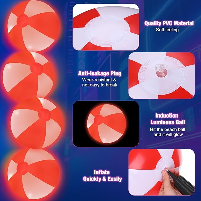 12 Pcs Light up Beach Balls 16'' Jumbo Pool LED Balls Glow in The Dark Neon Giant Inflatable for Summer Hawaiian Tropical Theme Beach Party Decor Water Accessory (Red)