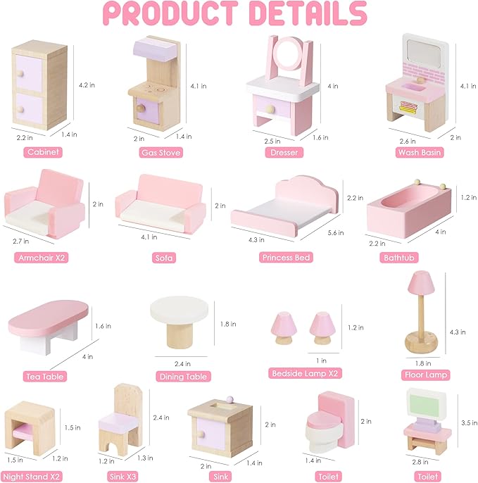 WOODMAM Wooden Dollhouse Furniture Set, 22 PCS Doll House Accessories Including 5 Room Kits, Little People House Furniture Toy Gift for Girls Boys Age 3+, Miniature Dollhouse Furnishing