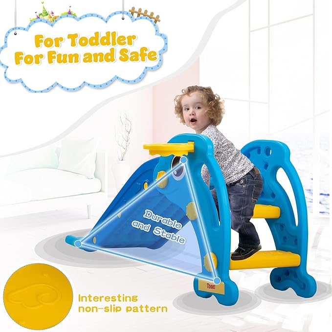 TOBBI Kids Slide for Indoor and Outdoor, Freestanding Slide for Toddler Playground Slipping Slide Climber Toy Playset with Basketball Hoop & Ball, Sky Blue