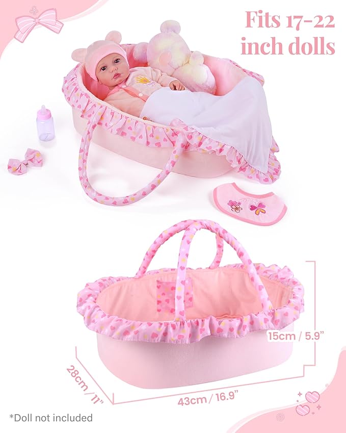 BABESIDE 8 Pcs Reborn Baby Doll Clothes with Bassinet for 17-22 Inch Babydolls, Reborn Baby Doll Accessories and Baby Dolls Clothes fit Realistic Baby Dolls Girl, Pink