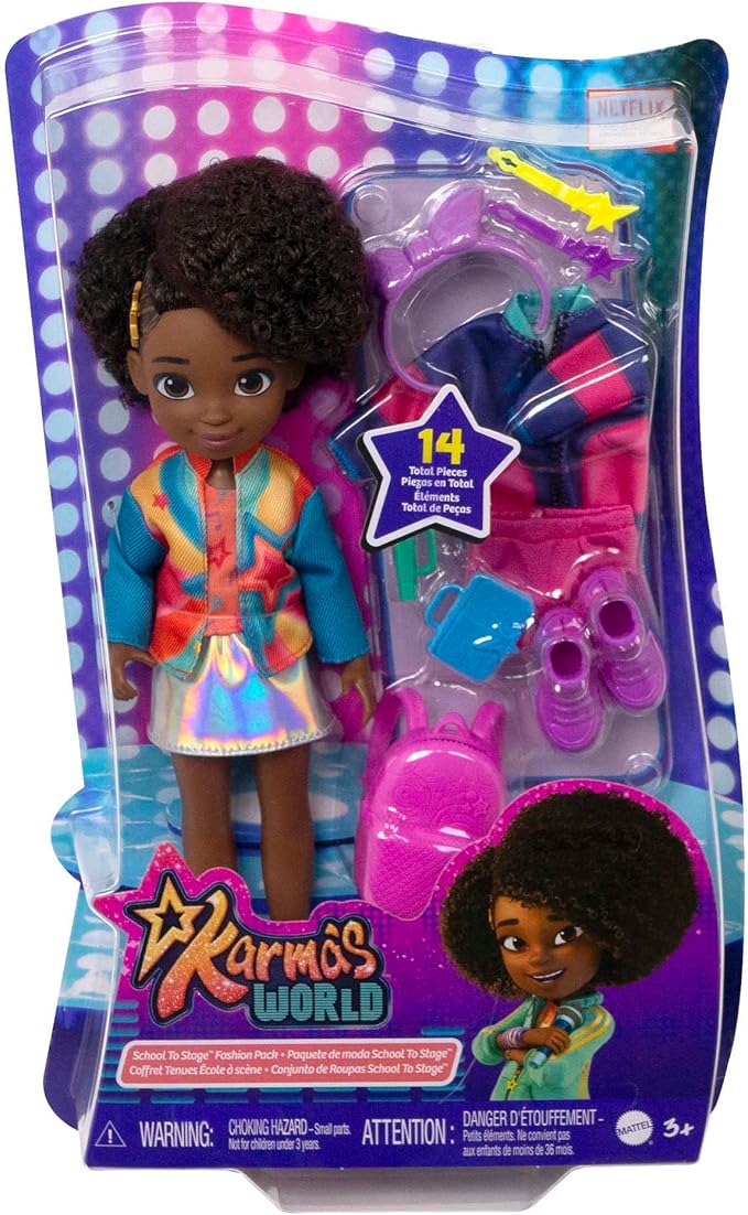 Mattel Karma's World Fashion Pack with Karma Grant Doll, Clothes & Accessories, From School to Stage Set with 14 Pieces, Dark Brown Hair