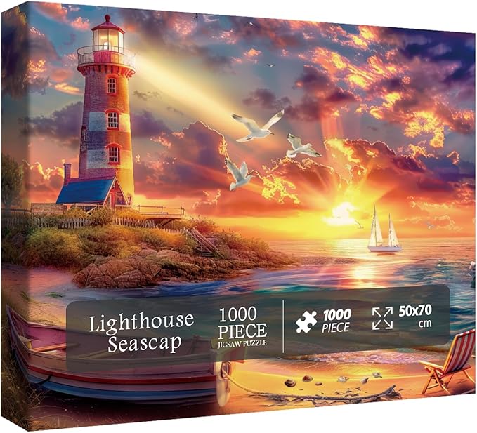 Beach Ocean Lighthouse Puzzle for Adults 1000 Pieces Nature, Summer Sunset Landscape Jigsaw Puzzle, Sailboat Scenery Puzzle