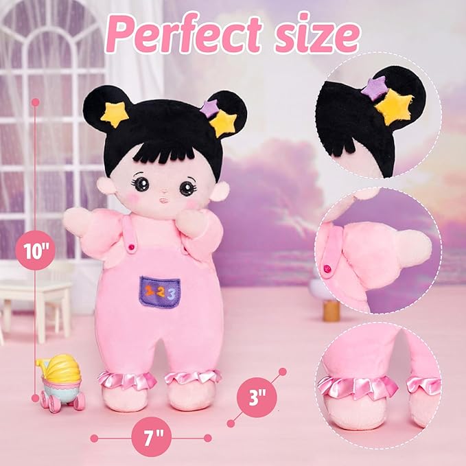 OUOZZZ Soft Baby Doll 10" - Asian Doll First Birthday Toys for 1 Year Old Girl, Ideal 1 Year Old Girl Gifts & Baby Girl Gifts, Snuggle Buddy for Infants Pink Straps Black Hair