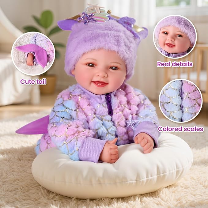 BABESIDE Mermaid Baby Doll Girl-17inch Realistic Soft Baby Dolls with Sparkling Mermaid Outfit & Accessories, Cute Mermaid Toys for 3+ Year Old Girls Gifts, Pretend Play, Collection