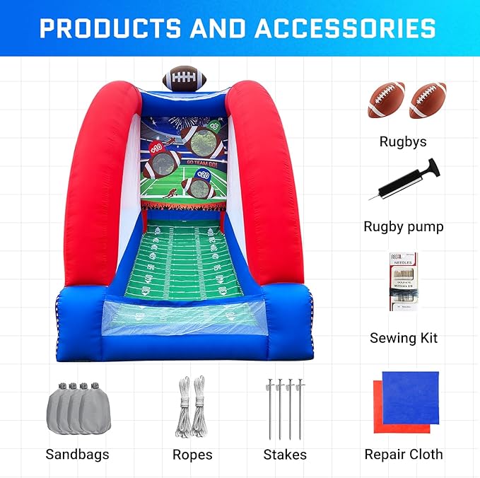 OZIS Inflatable Carnival Games with 2 Balls - Football Toss Throwing Target with Built-in Blower, Easy Setup for Indoor/Outdoor Commercial, Birthday Parties, and Lawn Interactive Game