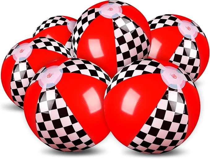6 Pack Race Car Beach Ball for Kids 7.87" Bulk Inflatable Black and White Checkered Flag Swimming Pool Ball Toys Summer Beach Water Game Gifts Cartoon Birthday Party Favors Supplies