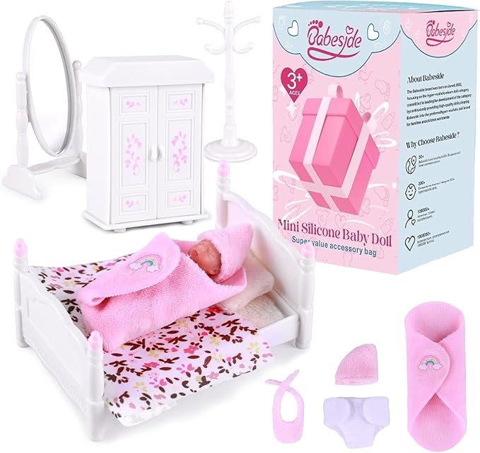 BABESIDE Mini Silicone Baby Dolls, 3 Inch Realistic Newborn Baby Dolls Full Silicone Sleeping Little Mini Real Life Baby Girl Miniature Baby with Playset Accessories(Pink)