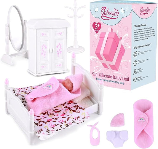 BABESIDE Mini Silicone Baby Dolls, 3 Inch Realistic Newborn Baby Dolls Full Silicone Sleeping Little Mini Real Life Baby Girl Miniature Baby with Playset Accessories(Pink)