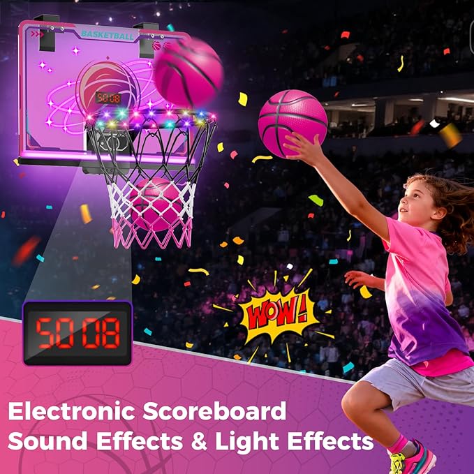 VATOS Basketball Hoop for Girls Indoor, LED Basketball Hoop with 7 Color Lights, Glowing Rim, Scoreboard & Remote Controller, Basketball Set Sports Toys Birthday Gifts for Girls Kids Teens 5-12