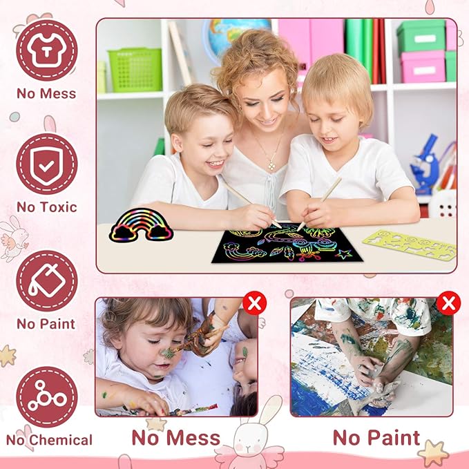 Rainbow Scratch Paper Art for Kids: 50PCS Magic Arts Crafts Gifts Toys for Girls Boys Ages 3-12 Games Activities for Birthday Party Family Day Classroom Prizes Easter Basket Stuffers