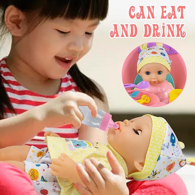 RedCrab Baby Doll Toys Set, Newborn Dolls PlaySet with High Chair Stroller Feeding ,Tableware Set and Doll Clothes Accessories, 15+ pcs Toddler Pretend Play Gift Toys for Girls - 12" Dolls