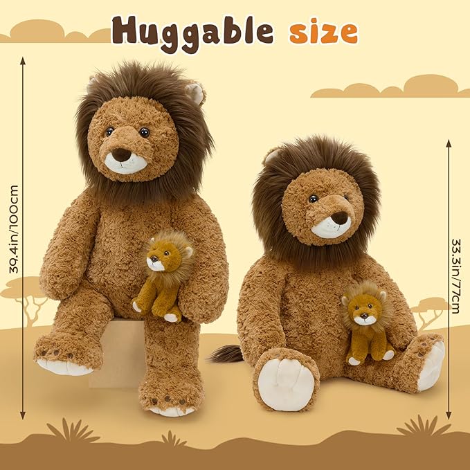 Tezituor Giant Lion Stuffed Animal,2Pcs Large Lion Plush Toy,Cute Jumbo Cuddly Realistic Lions,39in Huge Big Fat Lion Plushie,Soft Oversized Cougar Stuffy,Kids Girls Birthday Valentines Easter Gifts