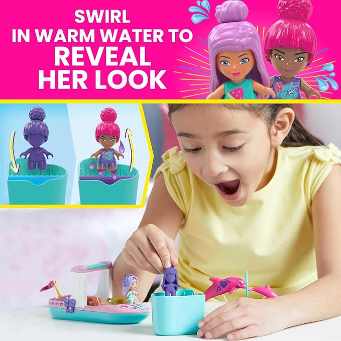 MEGA Barbie Color Reveal Dolphin Exploration Toy Building Set with 10+ Surprises, 2 Micro-Dolls and 2 Dolphins, Toy Gift Set for Girls and Boys, Ages 5 and up