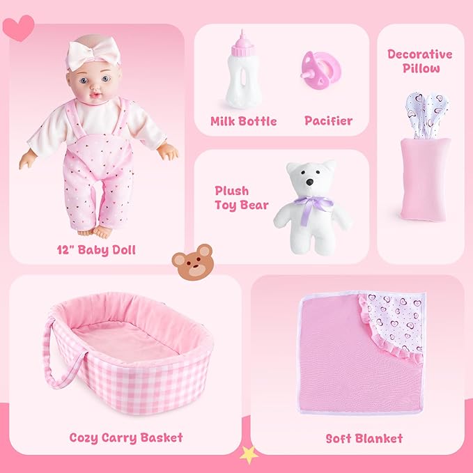 AuntyFey 12" Baby Doll Set, Baby Doll Bassinet with Accessory for Girl Toddlers 1-3 with Bottle, Teddy Bear, Pillow, Blanket
