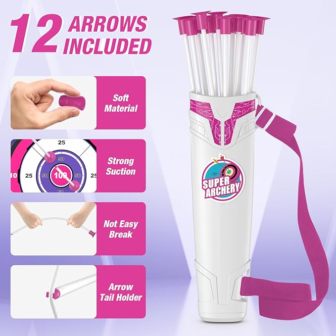 Bow and Arrow for Kids, LED Light Up Archery Set with 12 Suction Cup Arrows, 1 Hanging Target, 3 Score Targets & 1 Quiver, Indoor Outdoor Sport for Boys Girls Ages 4-12, Purple