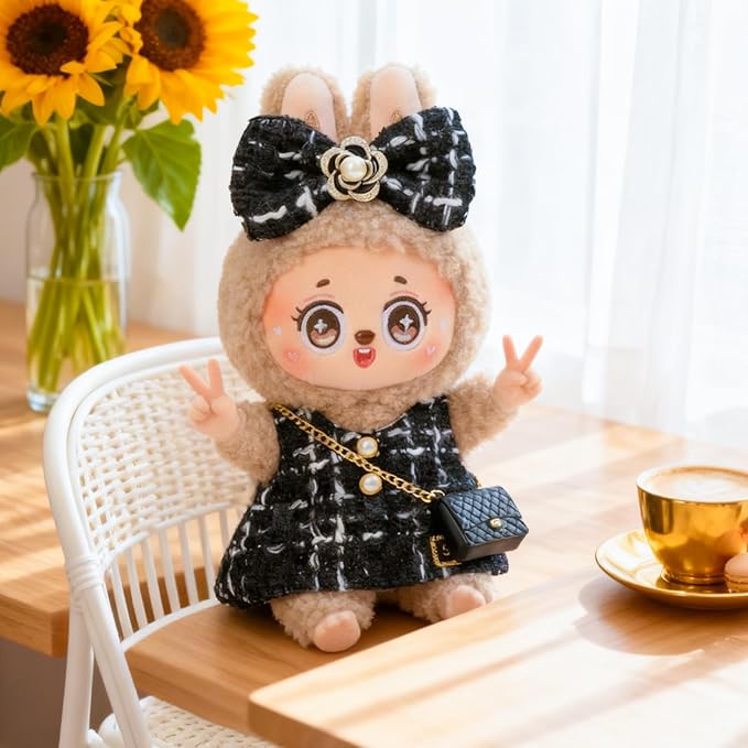 Doll Clothing Set (No Doll), Cute Bow, Crossbody Bag, Dress, Suitable for 15-17cm Dolls, Outfit Accessory Set for Unique Styling (Black-D)