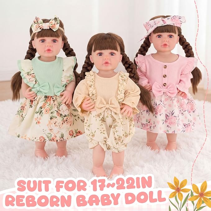 3 Set 20 Inch Reborn Baby Doll Clothes Colorful Floral Baby Doll Clothes Printed Dress Accessories with Headband Bulk for Girl Get Dressed, Including Light Green, Khaki, Pink