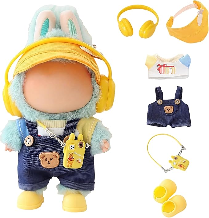 Clothes for Lu bubu 17cm Dolls(No Doll) Accessories, Stylish Kawaii Overalls Outfit Headphones Set 5 Pieces Suitable for 17cm Dolls , Doll Hat Headset Boots Clothing Set Replacement