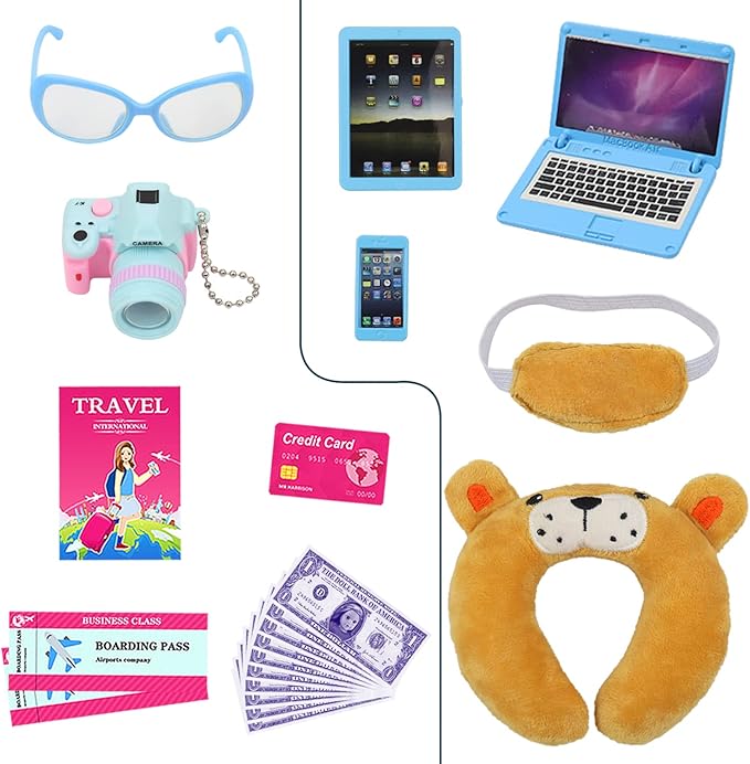 ZITA ELEMENT 22 Pcs 18 Inch Boy Doll Clothes Suitcase Set for 19 Inch Boy Doll Accessories Travel Carrier Storage, Including Suitcase Pillow Blindfold Sunglasses Camera Computer