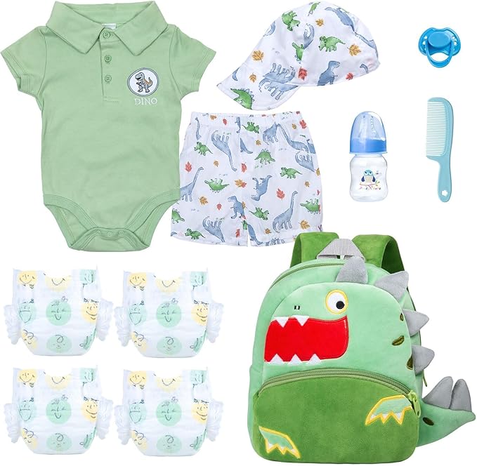 11 Pcs Reborn Baby Doll Clothes Boy Dinosaur Outfit Accessories for 17-22 Inch Reborn Boy Dolls 20 Inch Newborn Baby Boy Clothes Green Accessories with Backpack