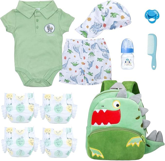 11 Pcs Reborn Baby Doll Clothes Boy Dinosaur Outfit Accessories for 17-22 Inch Reborn Boy Dolls 20 Inch Newborn Baby Boy Clothes Green Accessories with Backpack