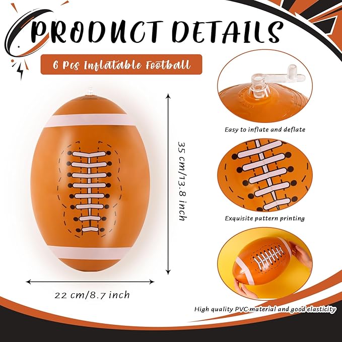 6 Pcs Giant Inflatable Footballs,16 Inch Blow Up Footballs Toys,Summer Pool Beach Balls,Sports Game Accessaries for Super Bowl Football Party Supplies,Indoor and Outdoor Use