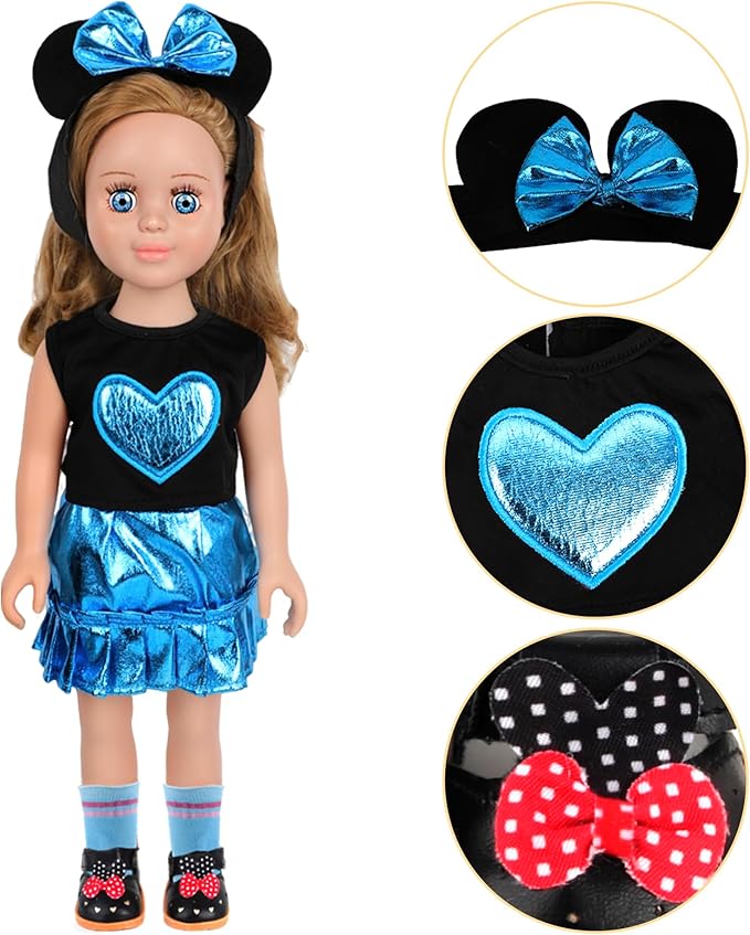 MSYO 18 Inch Doll Pretend Play Set-9 Pcs Party Dress Up Collection with Polka Dot Dress,Bow Headband,Pearl Accent Necklace,Shoes & Glasses for 18 Dolls(Blue)