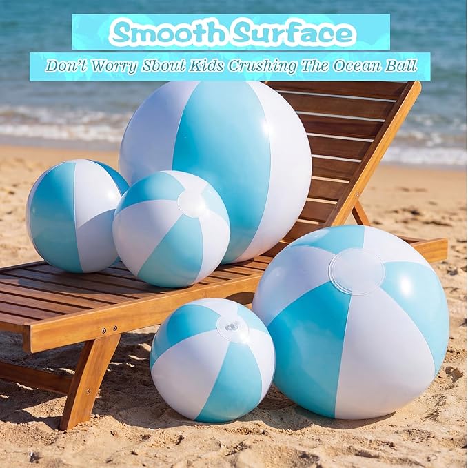 5 Pcs Inflatable Beach Balls 24 & 16 Inch Pastel PVC Large Beach Balls Bulk Blow up Pool Water Game Toy for Kid Adult Birthday Luau Summer Pool Party Favors Decorations(Blue)