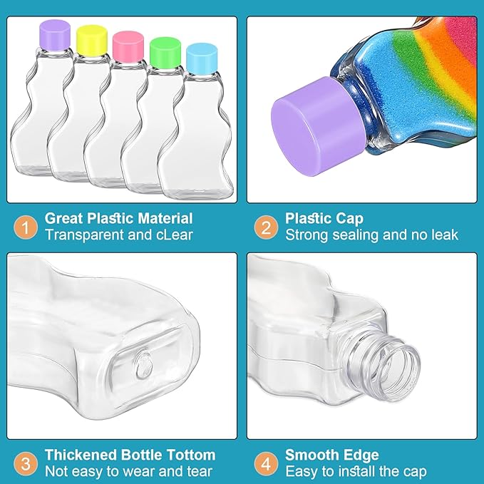 Nuenen 50 Pcs Sand Art Bottles Bulk with Funnels Plastic Wave Shaped Sand Art Containers for DIY Craft Party Supplies(Colorful Lid)