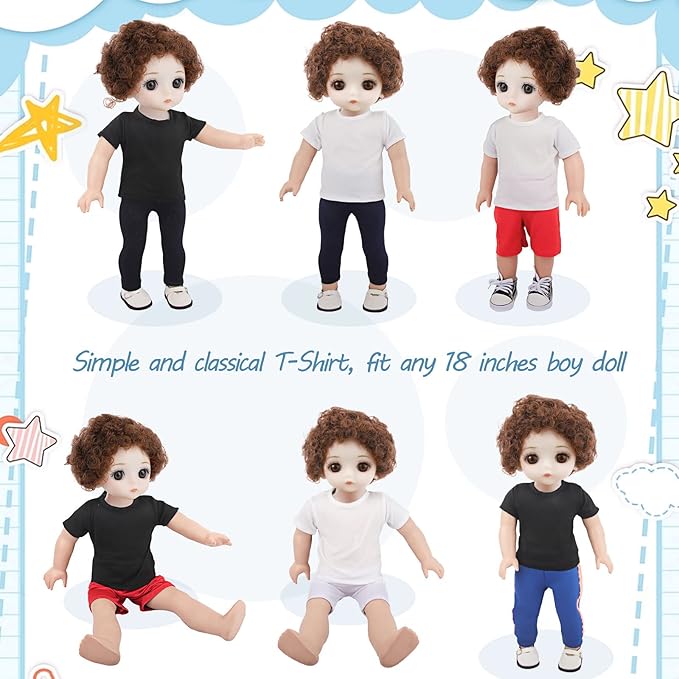 8 Pcs 18 Inch Boy Doll T Shirt Clothes Sublimation 18’’ Doll Outfits Accessories Classical Tee Shirts Fit 18 Inches Doll White and Black for Doll Decoration DIY Pretend Play