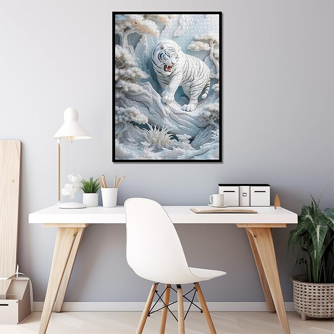 White Tiger Puzzles 1000 Pieces for Adults, Nature Forest Wild Animals Jigsaw Puzzles, Snowy Tiger Paper Cut Puzzle as Home Wall Art