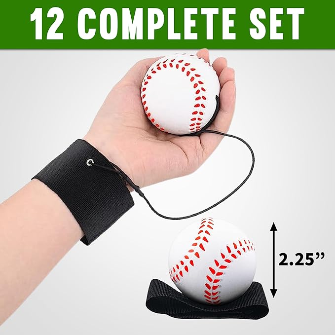 Playbees Reactive Practice Baseballs on Elastic Cord Perfect for Training, Fun Outdoor Activities for Spring Training, Fun Outdoor Activity for Kids, Boy or Girl, Party Favor (12 Pack)