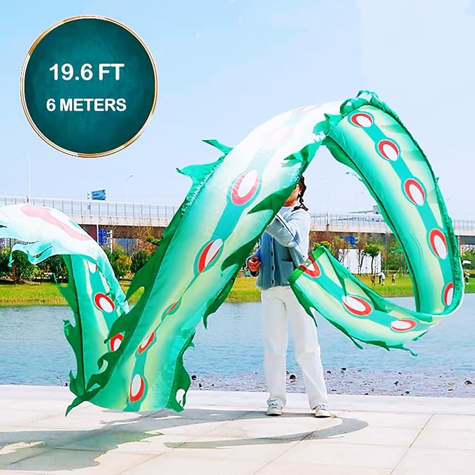 Square Exercise Dance Outdoor Flinging Fitness Dragon POI Wu Long 3D Real-Like Dragon Ribbon Streamer Set (26.2ft, Green Phoenix)