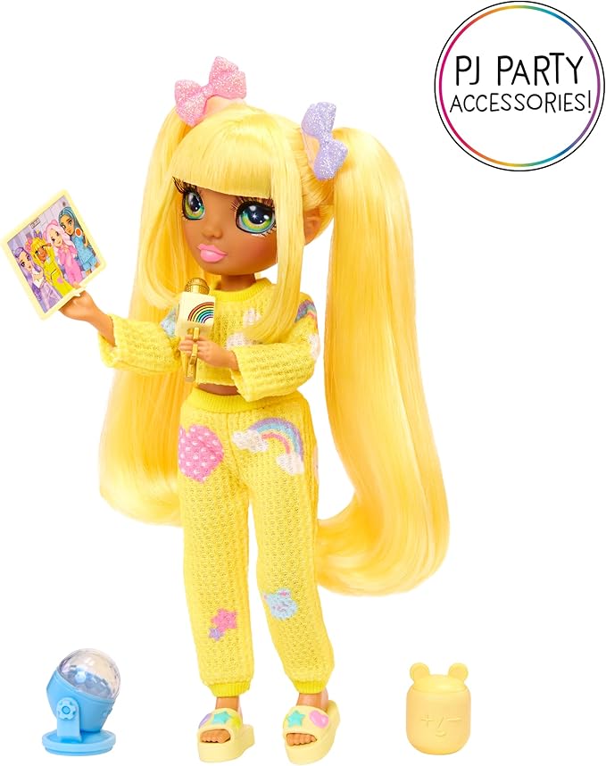 Rainbow High Jr High PJ Party - Sunny, Yellow 9" Posable Blonde Fashion Doll with Soft Onesie, Slippers, Fun Play Accessories, Great Toy Gift for Girls Kids Ages 4-12 Years