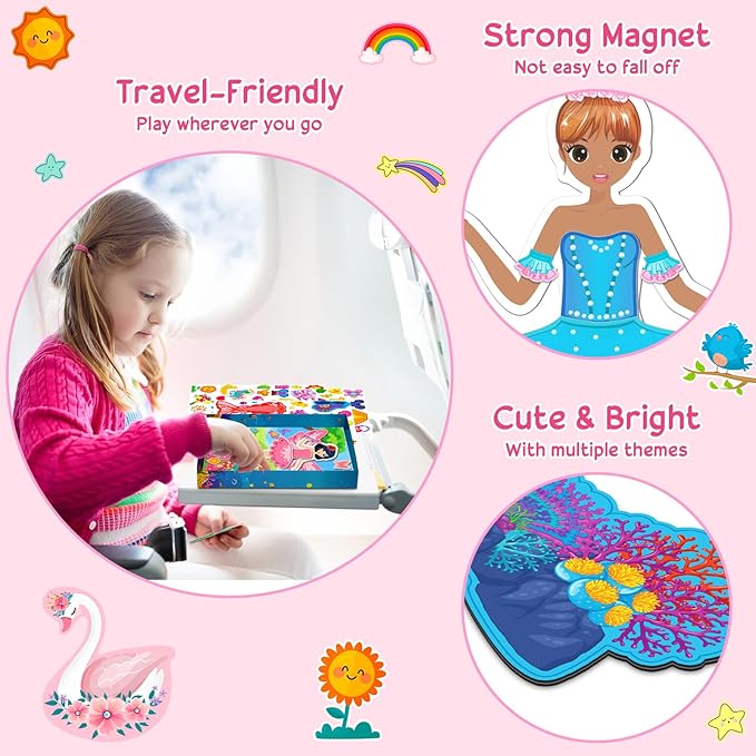 Magnetic Dress Up Dolls Girls Toys Princess Mermaid Fairy Ballerina Fridge Magnets Puzzles Toddlers 3-5 Pretend Play Car Road Trip Airplane Travel Games Activity Birthday Gift 3 4 5 6 7 8 Gilr Boy