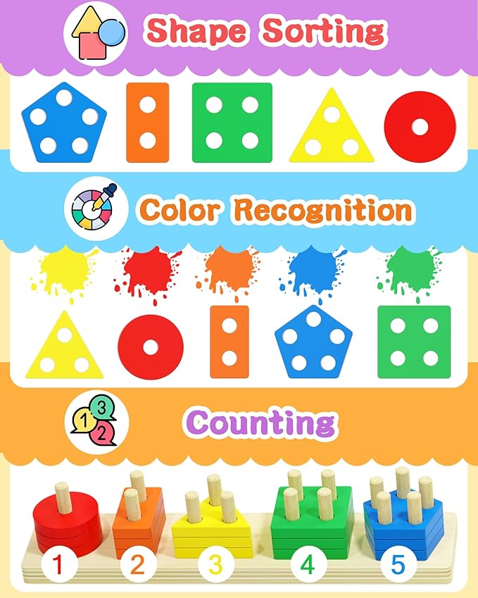 Tonberless Montessori Toys for 1 2 3 Year Old Boy Girl, Toys for Ages 2-4 Toddlers Kids Baby, 1 2 Year Old Birthday Gifts, Wooden Learning Puzzles Easter Basket Stuffers Toys for Toddlers 1-3