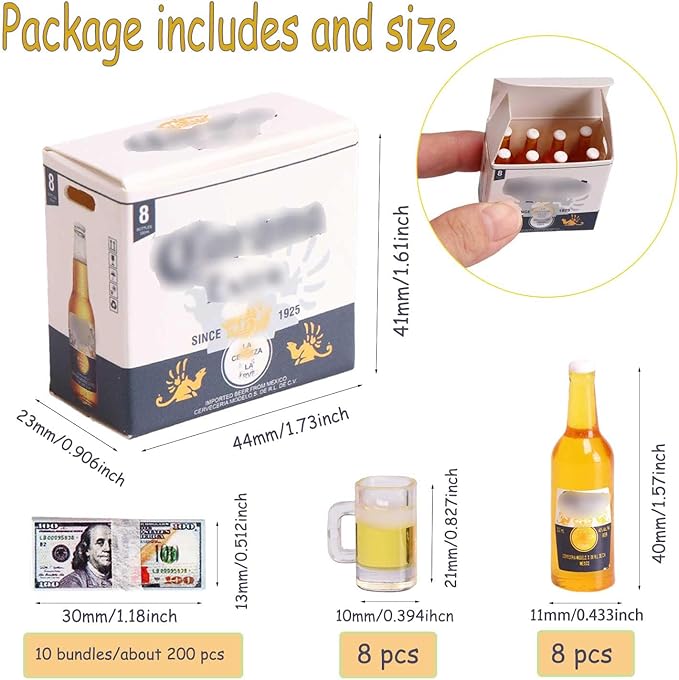 1/6 Scale Accessories Mini Props Miniature Beer Bottles with Glasses&Box Set Tiny Money Bills for Mini Doll House Accessorie Action Figure Props, DIY Crafts,Fairy Garden Pub Bar Decor