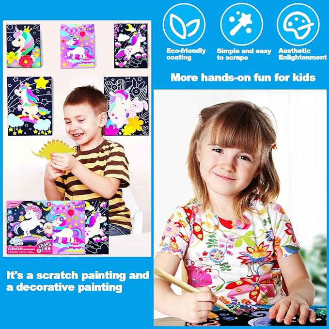 JUNQIU Scratch Art for Kids, Unicorns Black Rainbow Scratch Art Paper Set-Arts and Crafts & Supplies, DIY Activity & Party Games, Gifts for Toddlers, Girls & Boys Ages 3, 4, 5, 6, 7, 8