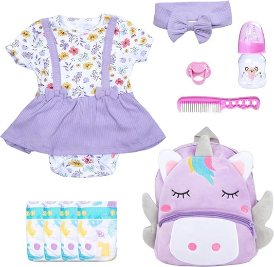 10Pcs Reborn Baby Doll Accessories Set, Purple Reborn Dolls Baby Clothes 17-22 Inch Girl Doll Outfit Floral Dress with Backpack & Feeding Babydoll Accessories