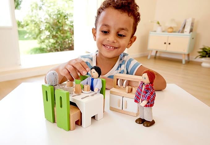 Hape Wooden Doll House Furniture Dining Room Set with Accessories| 1:12 Scales Miniature Dollhouse Furniture