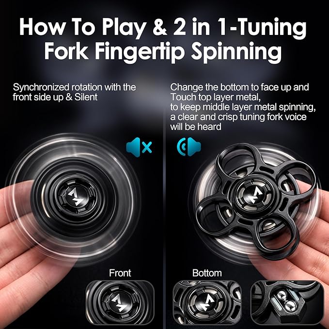 Fidget Spinners,2 in 1-Tuning Fork Fingertip Fidget Spinner Gifts for Adults Stress Anxiety ADHD Relief Fidgets, Metal Finger Hand Spinner with Luminous, Absorb Solar Light Then Release in Dark