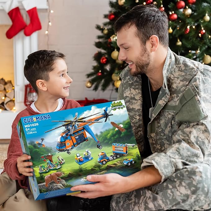 City Jungle Adventurer Helicopter Building Toys - 1356PCS Forest Truck Adventure Building Set with Car Crocodile Brown Bear Wildlife Rescue Blocks Playset Easter Gift for Kids Boys 6+