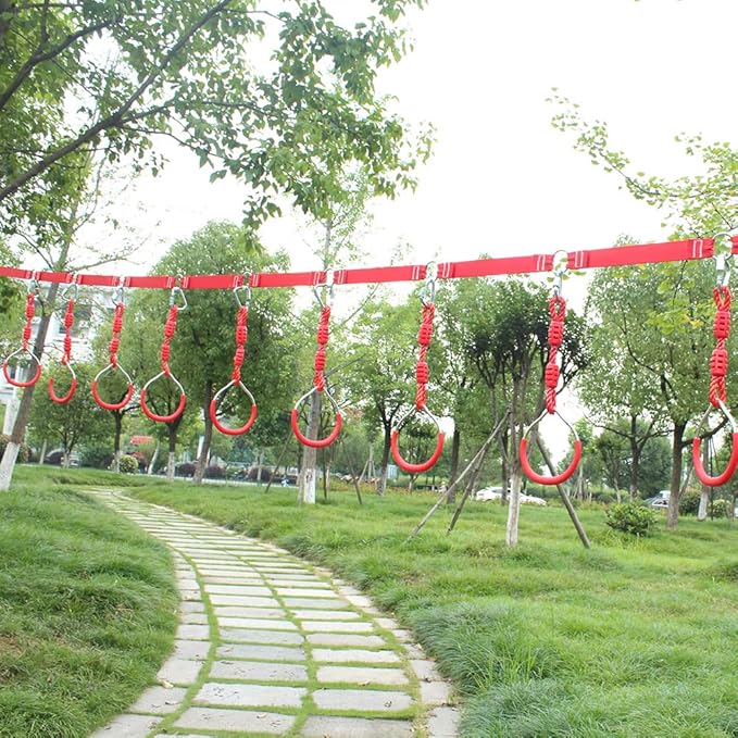 Backyard Ninja Ring Hang Gymnastic Fist Swing Monkey Bar Playground Equipment Climbing Attachment Playground Play Set, 4 Red Obstacle Course Fit Rings Jungle Gym Slackline Warrior Training Equipment