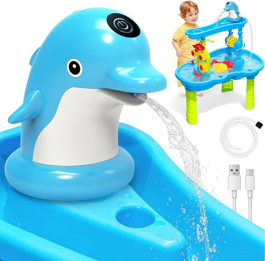 Water Table Pump for Kids & Toddlers, Dolphin Rechargeable Continuous Flow, IPX7 Waterproof, Strong Adhesive Base, No Tools Setup, Water Table Accessories