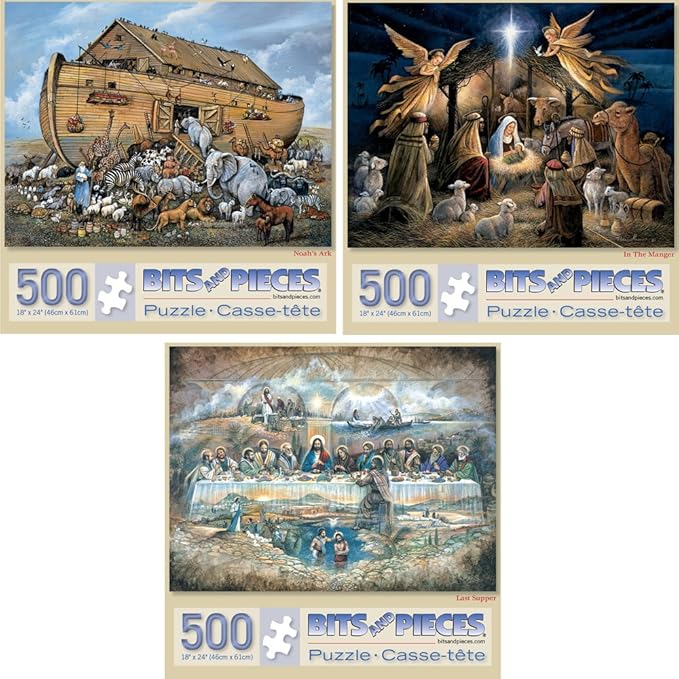 Bits and Pieces – Value Set of Three 500 Piece Jigsaw Puzzles for Adults – Noah's Ark, Last Supper, in The Manger - Religious Scenes Jigsaw Puzzles by Artist Ruane Manning