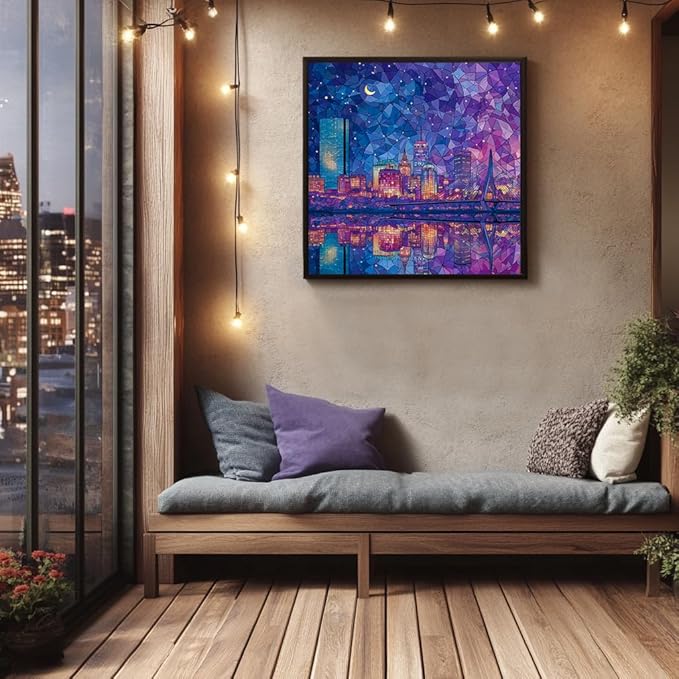 Bgraamiens 1000 Piece Jigsaw Puzzles for Adults – Boston Skyline at Night – Vibrant City Lights with Reflections – Challenging Urban Gift for Puzzle Lovers