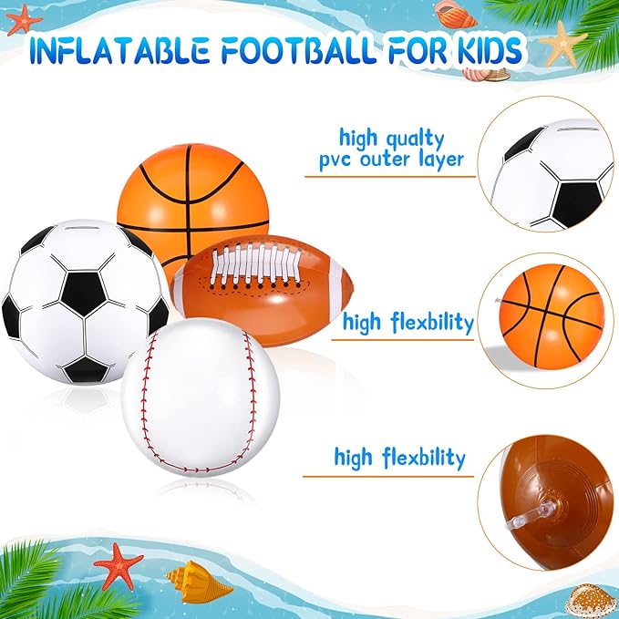 Sosation 16 Pcs Inflatable Sports Balls 16 Inch Inflatable Beach Ball Blow up Sports Party Decorations Swimming Pool Summer Pool Toys for Indoor Outdoor Beach (Assorted Ball)