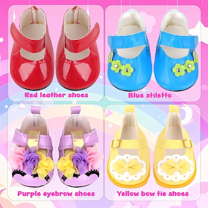 MSYO 18-Inch Doll Clothes & Accessories Kit: 5 Pre-Styled Outfit Sets + 2 Pairs of Shoes (8 Styles Available) - Fashion Dress-Up Play Set for Dolls, Gift for Girls Ages 3-10
