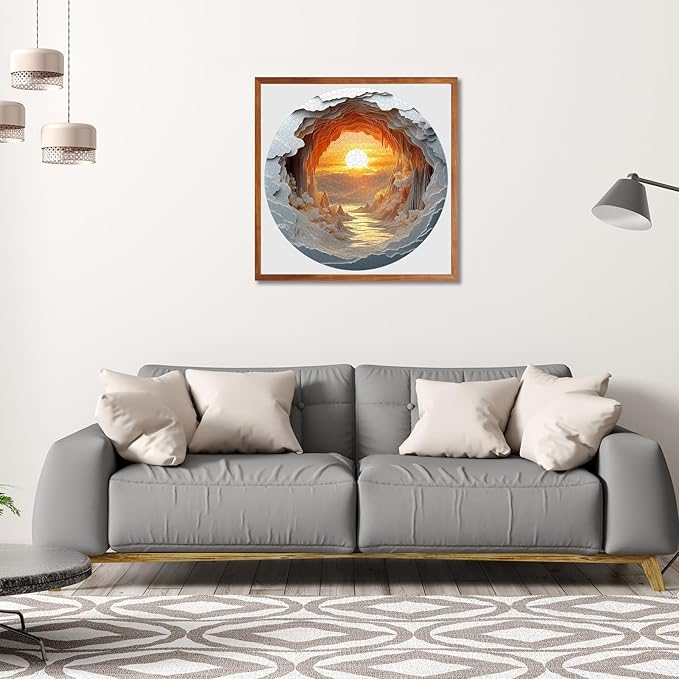 3D Stereo Visual Puzzles for Adults 1000 Pieces - Unique Dawn Cave Round Jigsaw Puzzle Stereo Effect, Beautiful Canyon Sunset Landscape Puzzle with Letters on Back, Challenging Hard Difficult Puzzles